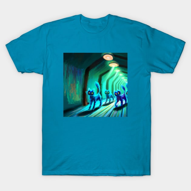 Several Blue Cats March Down a Hallway in an Underground Base T-Shirt by Star Scrunch